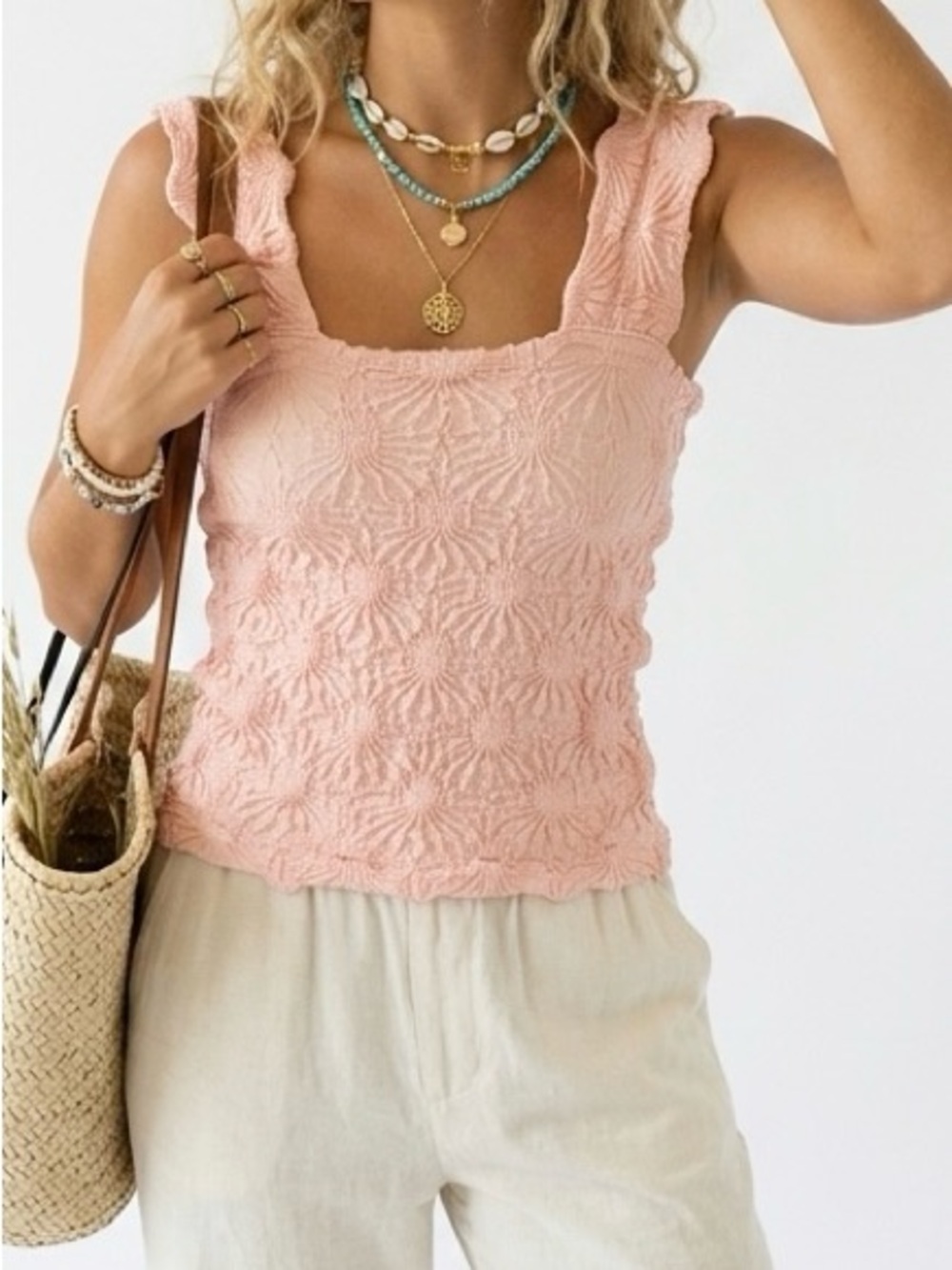 Altar'd State Blaire Seamless Floral Cami Crop Top Pink Textured Smocked M/L
